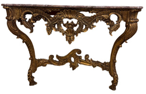 French 1890 Gold Gilt Rococo Style Marble Topped Console