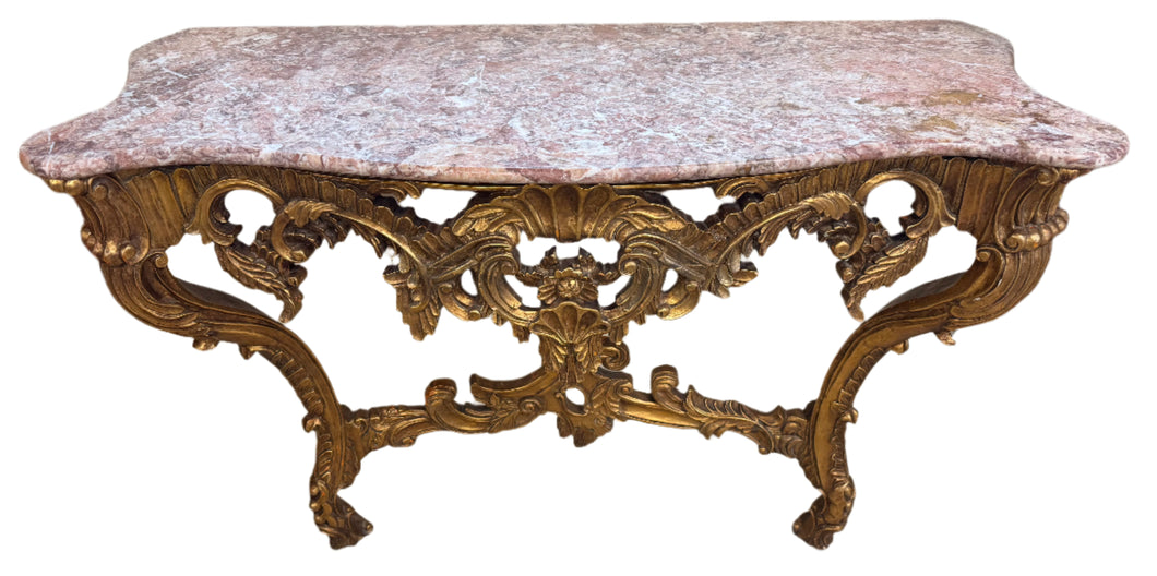 French 1890 Gold Gilt Rococo Style Marble Topped Console