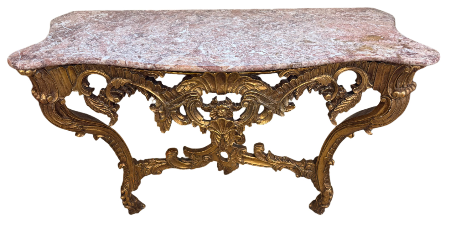 French 1890 Gold Gilt Rococo Style Marble Topped Console