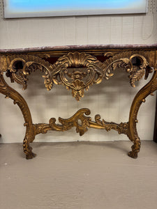 French 1890 Gold Gilt Rococo Style Marble Topped Console