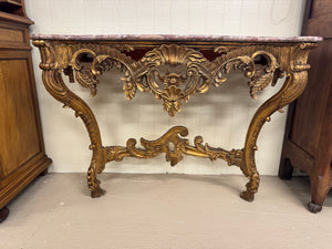 French 1890 Gold Gilt Rococo Style Marble Topped Console