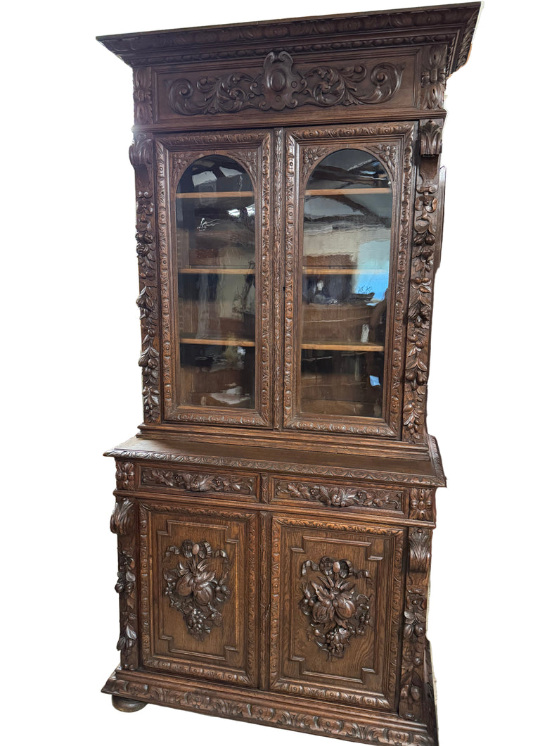 French Oak Bookcase over Cupboard c1880