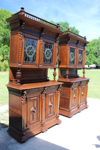 PAIR European Oak Stained Glass Cabinets c.1890