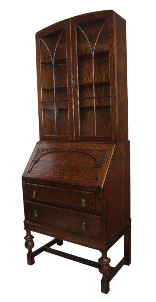 English Oak Art Deco Bureau Bookcase c.1930