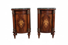 Load image into Gallery viewer, Pair French Walnut Inlaid Marble Top Bedside Cabinets c.1880