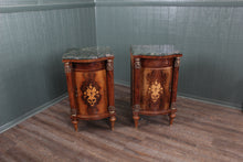 Load image into Gallery viewer, Pair French Walnut Inlaid Marble Top Bedside Cabinets c.1880