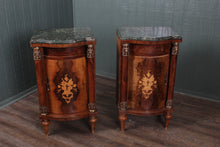 Load image into Gallery viewer, Pair French Walnut Inlaid Marble Top Bedside Cabinets c.1880