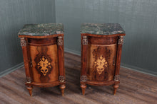 Load image into Gallery viewer, Pair French Walnut Inlaid Marble Top Bedside Cabinets c.1880
