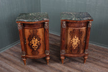 Load image into Gallery viewer, Pair French Walnut Inlaid Marble Top Bedside Cabinets c.1880