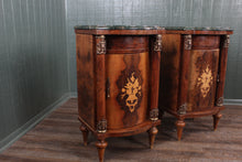 Load image into Gallery viewer, Pair French Walnut Inlaid Marble Top Bedside Cabinets c.1880