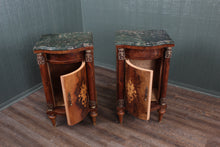 Load image into Gallery viewer, Pair French Walnut Inlaid Marble Top Bedside Cabinets c.1880