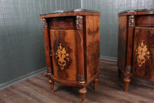 Load image into Gallery viewer, Pair French Walnut Inlaid Marble Top Bedside Cabinets c.1880