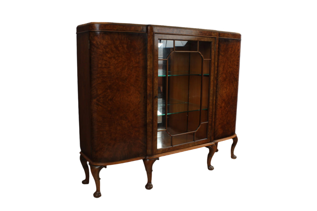 English Burl Walnut Display Cabinet c.1900