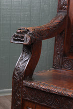 Load image into Gallery viewer, English Carved Oak Bench dated 1902