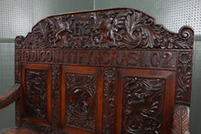 Load image into Gallery viewer, English Carved Oak Bench dated 1902