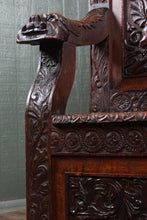 Load image into Gallery viewer, English Carved Oak Bench dated 1902
