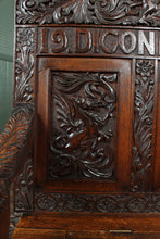Load image into Gallery viewer, English Carved Oak Bench dated 1902