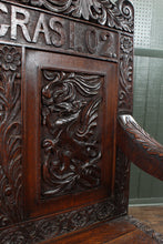 Load image into Gallery viewer, English Carved Oak Bench dated 1902
