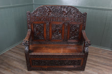 Load image into Gallery viewer, English Carved Oak Bench dated 1902