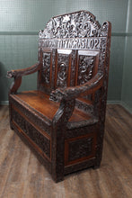 Load image into Gallery viewer, English Carved Oak Bench dated 1902