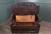 Load image into Gallery viewer, English Carved Oak Bench dated 1902