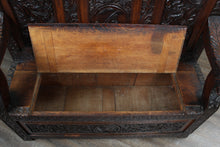 Load image into Gallery viewer, English Carved Oak Bench dated 1902