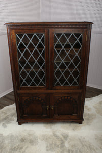 English Oak Leaded Glass Bookcase c.1920