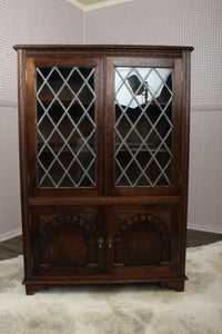 English Oak Leaded Glass Bookcase c.1920