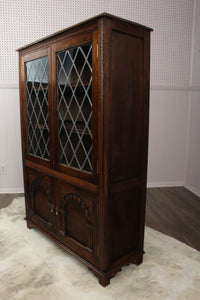 English Oak Leaded Glass Bookcase c.1920