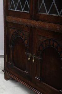 English Oak Leaded Glass Bookcase c.1920