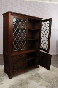 English Oak Leaded Glass Bookcase c.1920