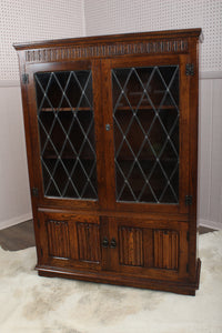 English Oak Leaded Glass Bookcase