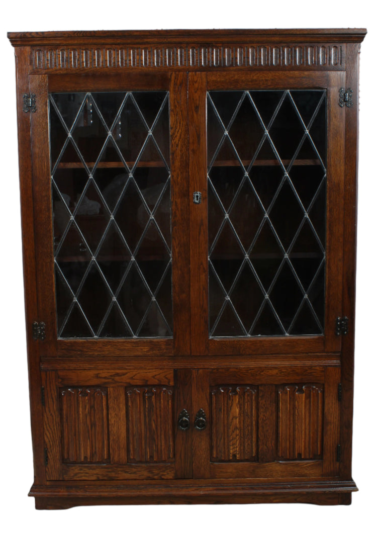 English Oak Leaded Glass Bookcase