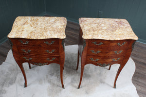 PAIR Petite French Inlaid Marble Top Bedside Chests c.1900