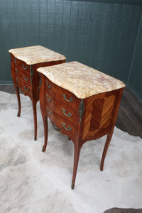 PAIR Petite French Inlaid Marble Top Bedside Chests c.1900