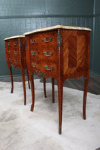 Load image into Gallery viewer, PAIR Petite French Inlaid Marble Top Bedside Chests c.1900