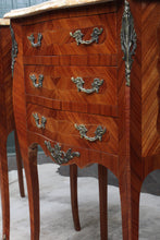 Load image into Gallery viewer, PAIR Petite French Inlaid Marble Top Bedside Chests c.1900