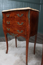 Load image into Gallery viewer, PAIR Petite French Inlaid Marble Top Bedside Chests c.1900