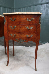 PAIR Petite French Inlaid Marble Top Bedside Chests c.1900