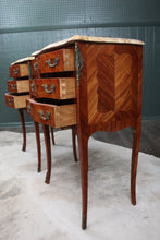 Load image into Gallery viewer, PAIR Petite French Inlaid Marble Top Bedside Chests c.1900