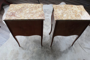 PAIR Petite French Inlaid Marble Top Bedside Chests c.1900