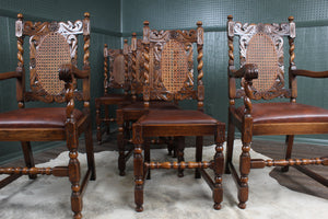 French Carved Oak Caned Chairs set of 6 c.1900