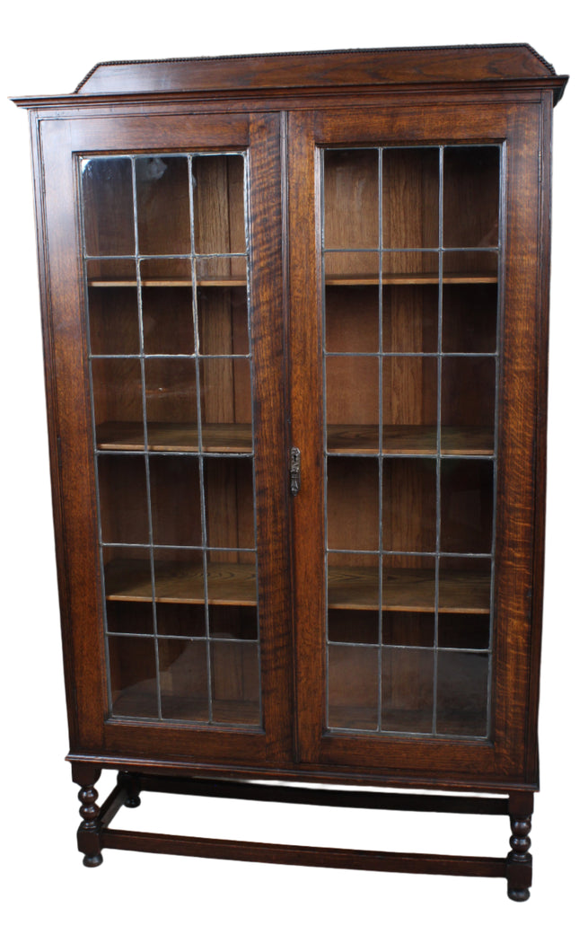 English Oak Leaded Glass Bookcase c.1900