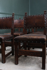 Set of 7 English Oak and Leather Chairs