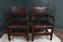 Load image into Gallery viewer, Set of 7 English Oak and Leather Chairs