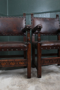 Set of 7 English Oak and Leather Chairs