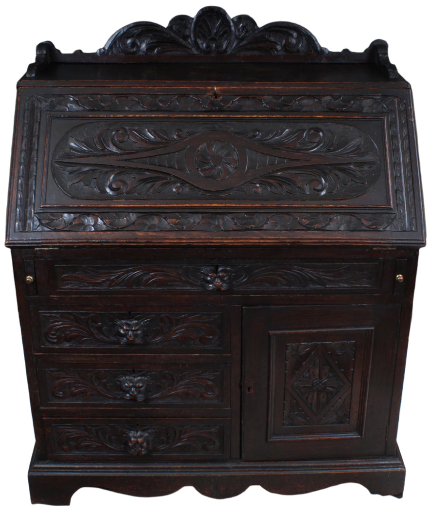 English Carved Oak Fall Front Desk c.1880