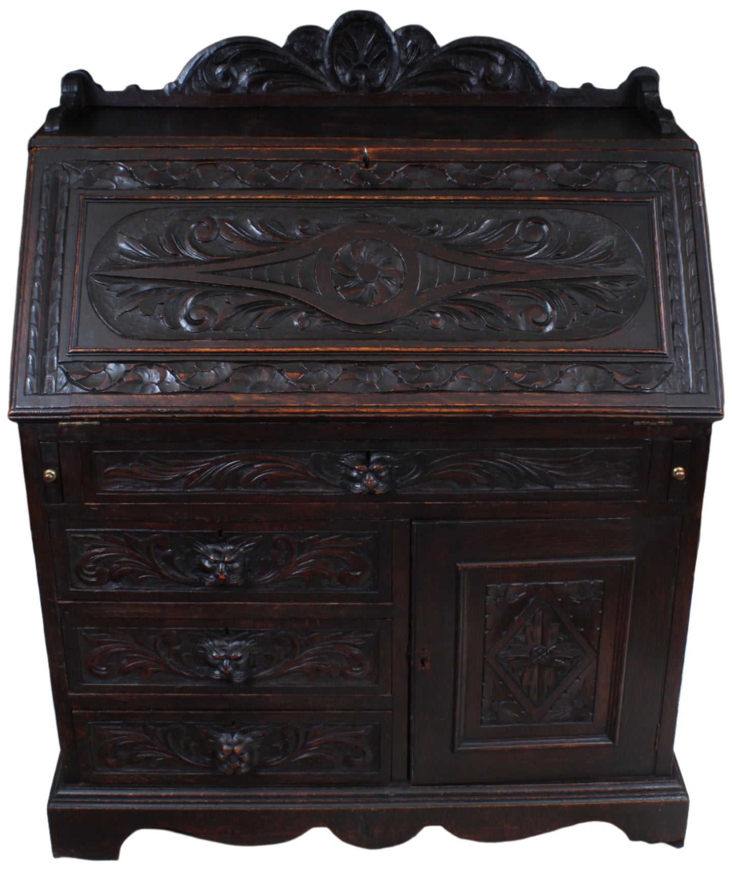 English Carved Oak Fall Front Desk c.1880