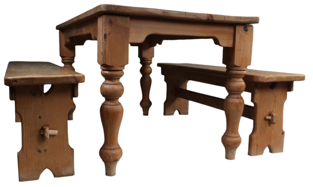 English Pine Table and Pair Benches