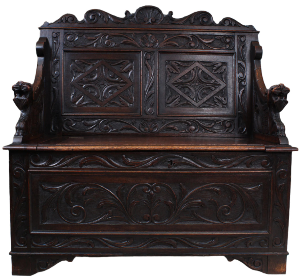 English Carved Oak Settle c.1880